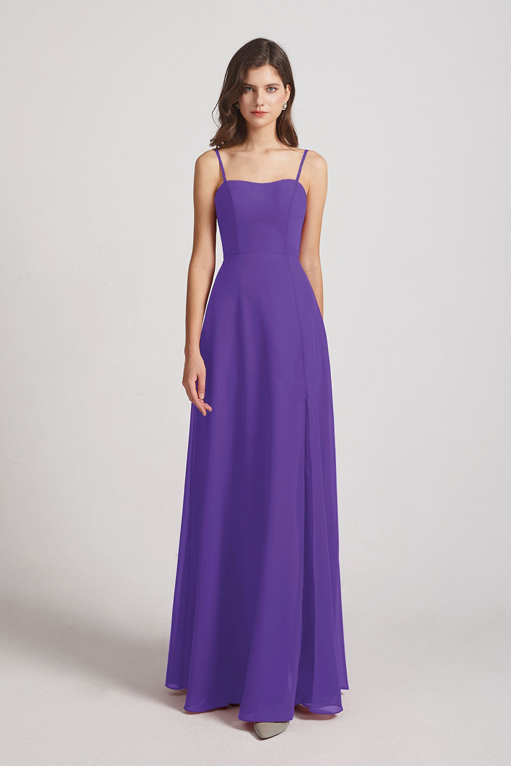 Alfa Bridal Purple Spaghetti Straps Long Chiffon Bridesmaid Dresses with Side Slit (AF0112)