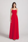 Alfa Bridal Red Spaghetti Straps Long Chiffon Bridesmaid Dresses with Side Slit (AF0112)
