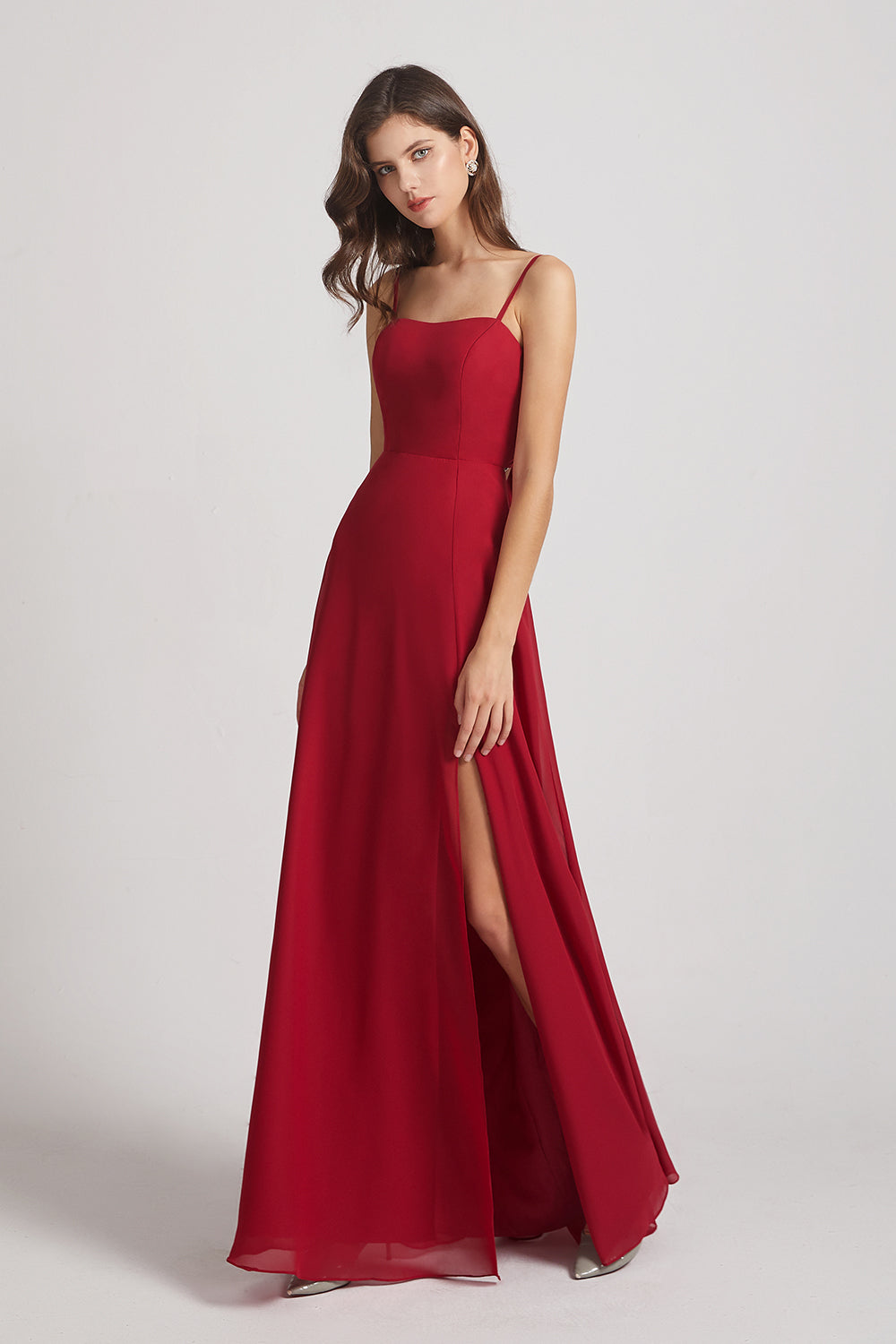 Alfa Bridal Dark Red Spaghetti Straps Long Chiffon Bridesmaid Dresses with Side Slit (AF0112)