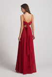 Alfa Bridal Dark Red Spaghetti Straps Long Chiffon Bridesmaid Dresses with Side Slit (AF0112)