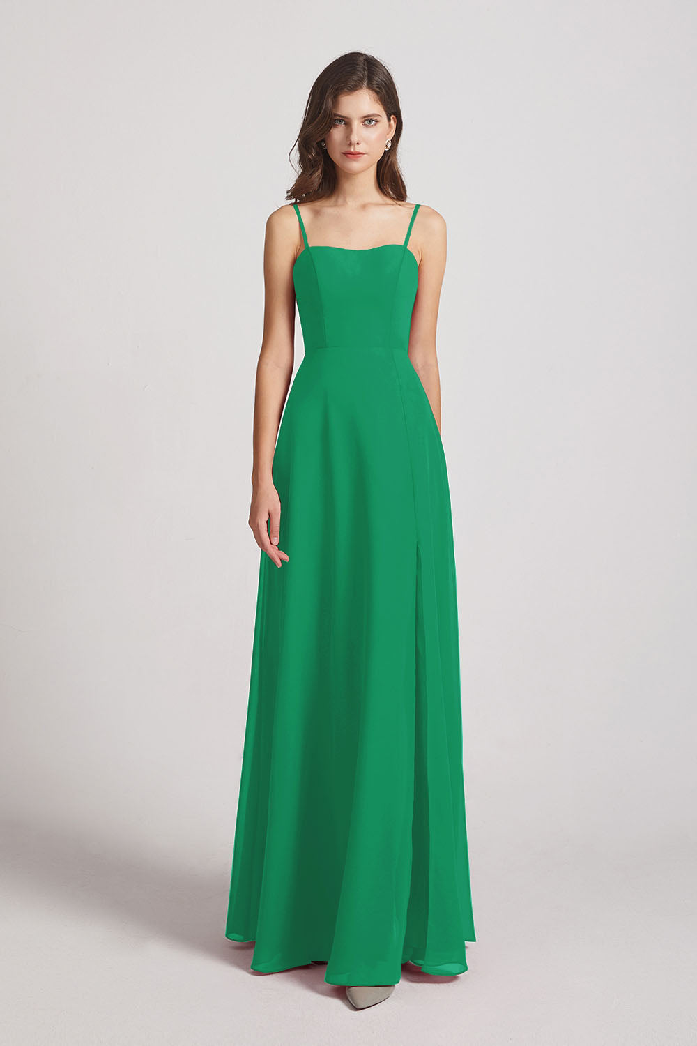 Alfa Bridal Shamrock Green Spaghetti Straps Long Chiffon Bridesmaid Dresses with Side Slit (AF0112)