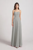 Alfa Bridal Silver Spaghetti Straps Long Chiffon Bridesmaid Dresses with Side Slit (AF0112)