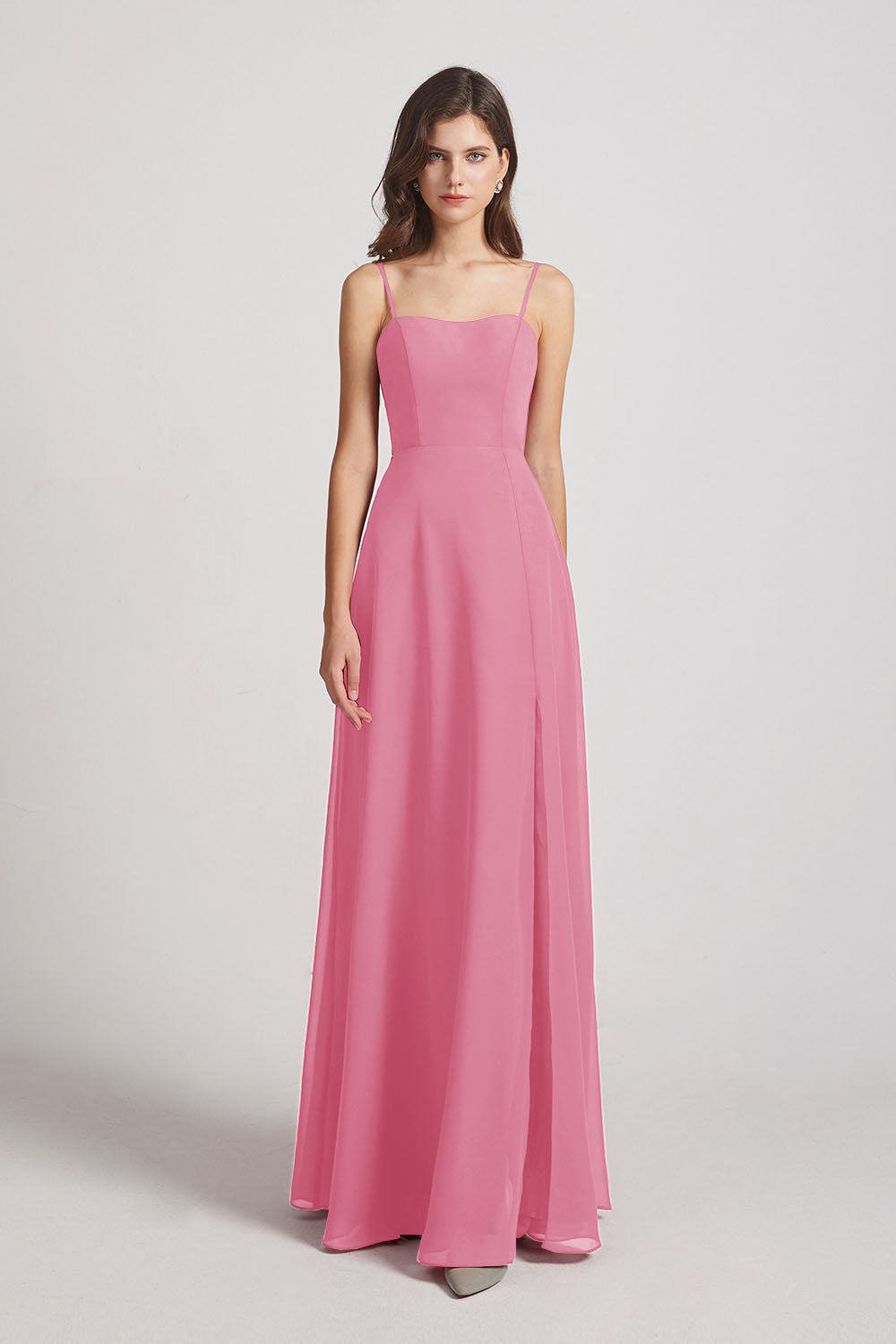 Alfa Bridal Skin Pink Spaghetti Straps Long Chiffon Bridesmaid Dresses with Side Slit (AF0112)