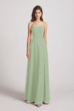Alfa Bridal Smoke Green Spaghetti Straps Long Chiffon Bridesmaid Dresses with Side Slit (AF0112)