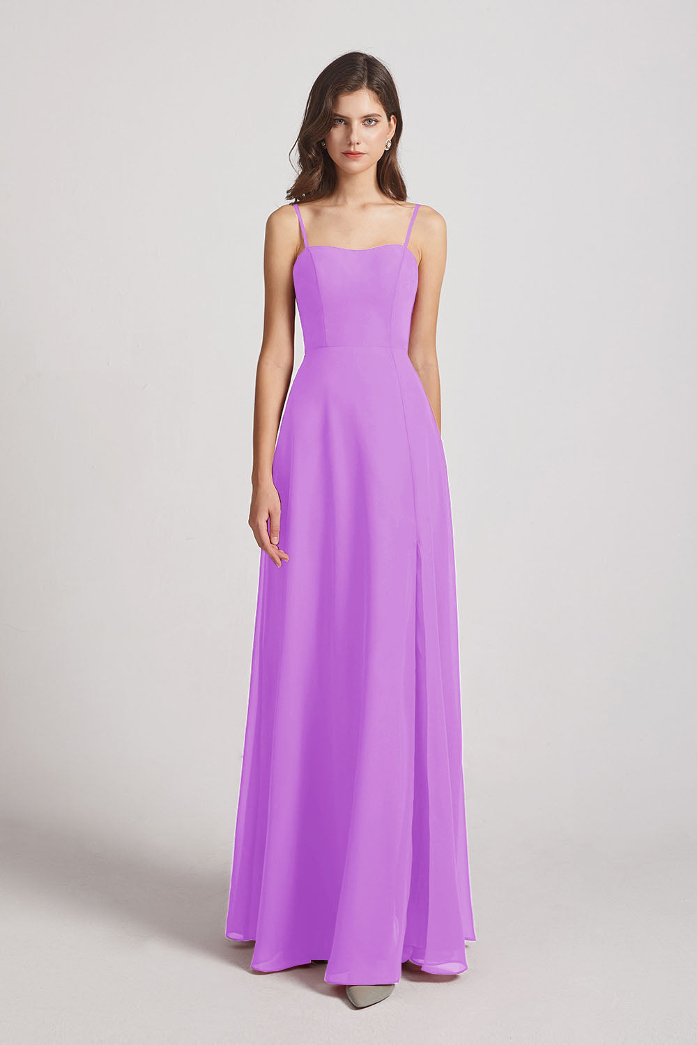 Alfa Bridal Violet Spaghetti Straps Long Chiffon Bridesmaid Dresses with Side Slit (AF0112)