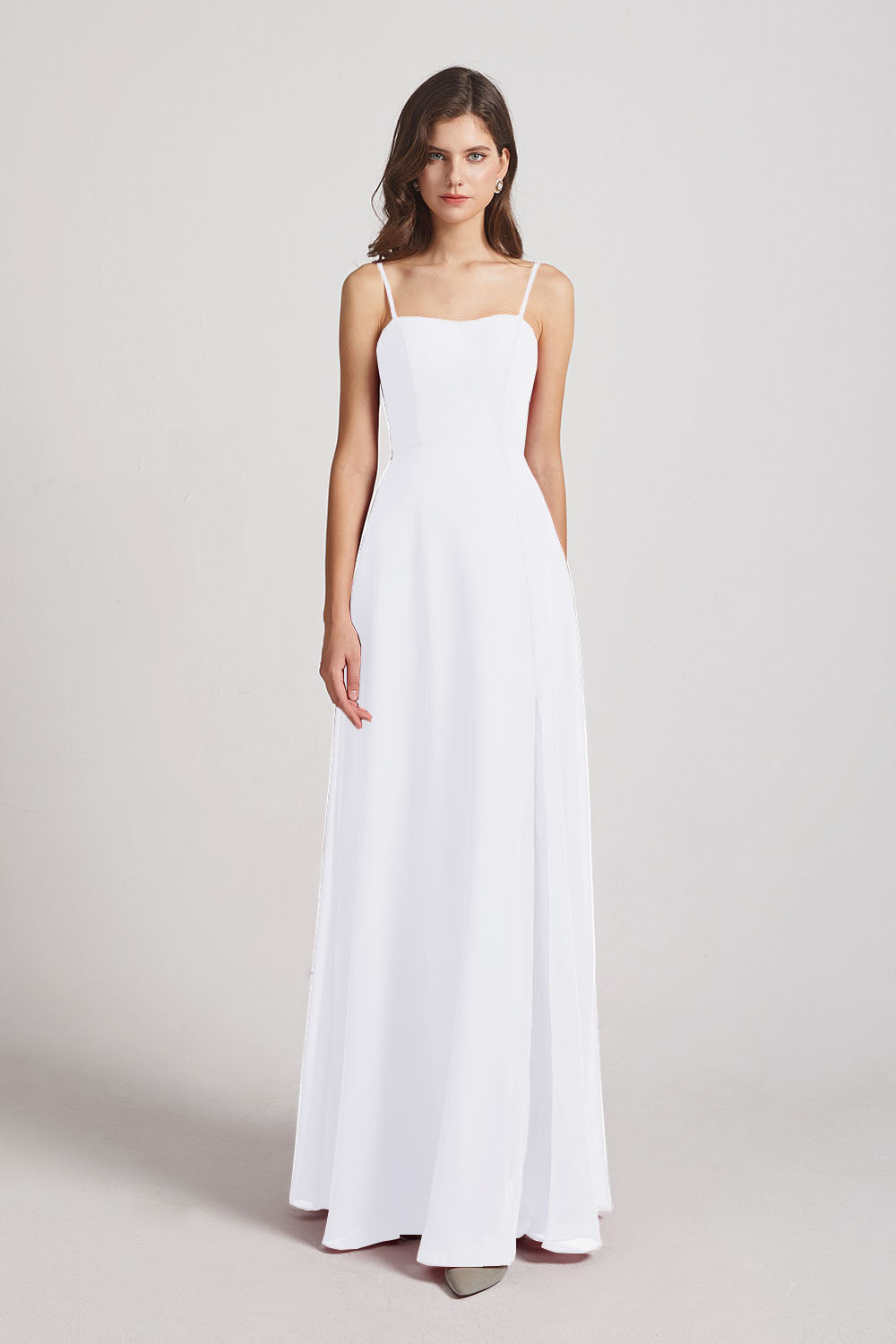 Alfa Bridal White Spaghetti Straps Long Chiffon Bridesmaid Dresses with Side Slit (AF0112)