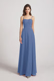 Alfa Bridal Windsor Blue Spaghetti Straps Long Chiffon Bridesmaid Dresses with Side Slit (AF0112)