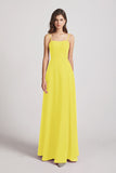 Alfa Bridal Yellow Spaghetti Straps Long Chiffon Bridesmaid Dresses with Side Slit (AF0112)