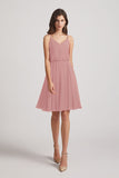 Alfa Bridal Dusty Pink Spaghetti Straps Short V-Neck Chiffon Party Dresses (AF0076)