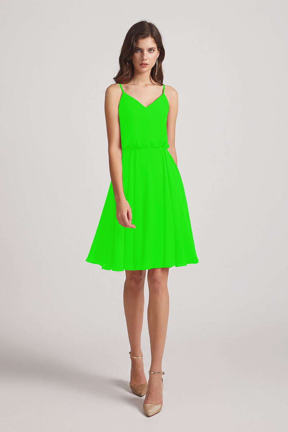 Alfa Bridal Lime Green Spaghetti Straps Short V-Neck Chiffon Party Dresses (AF0076)