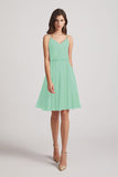 Alfa Bridal Mint Green Spaghetti Straps Short V-Neck Chiffon Party Dresses (AF0076)