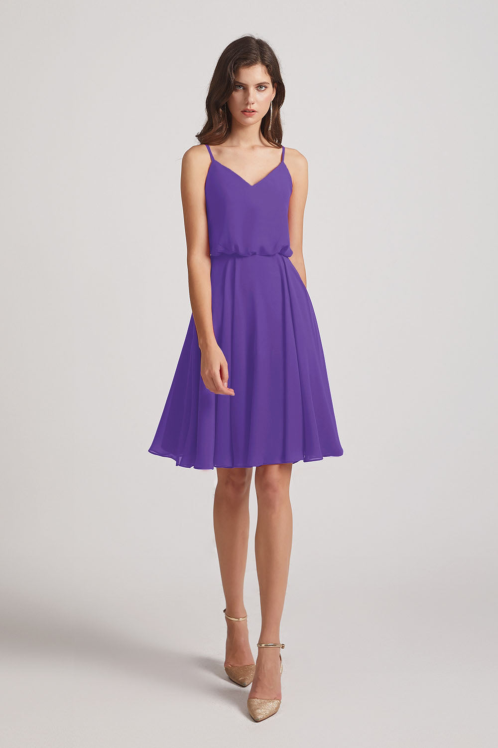 Alfa Bridal Purple Spaghetti Straps Short V-Neck Chiffon Party Dresses (AF0076)