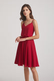 Alfa Bridal Dark Red Spaghetti Straps Short V-Neck Chiffon Party Dresses (AF0076)
