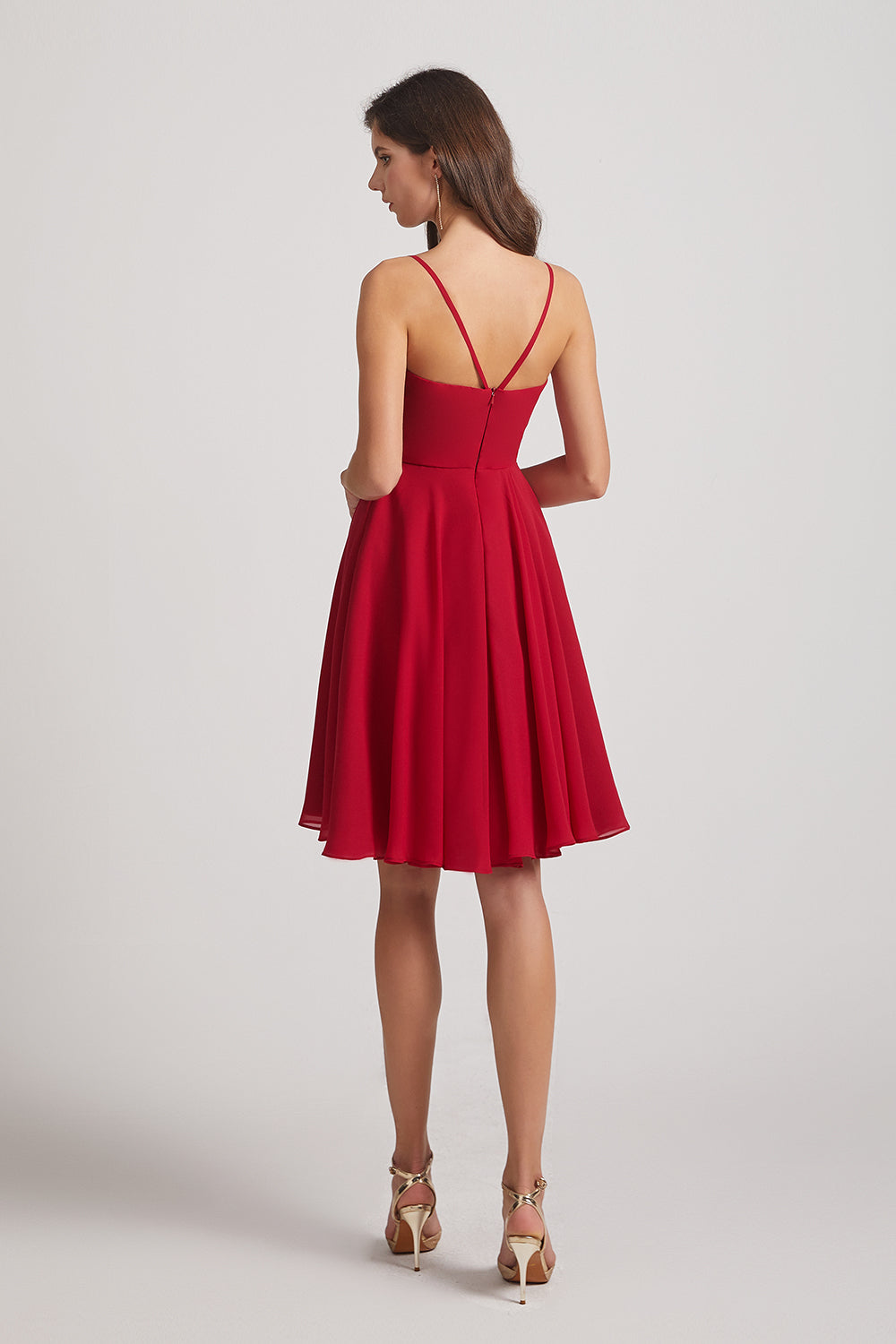 Alfa Bridal Dark Red Spaghetti Straps Short V-Neck Chiffon Party Dresses (AF0076)