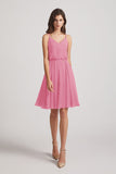 Alfa Bridal Skin Pink Spaghetti Straps Short V-Neck Chiffon Party Dresses (AF0076)