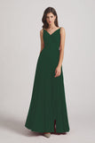 Alfa Bridal Dark Green Spaghetti Straps V-Neck Ruched Chiffon Bridesmaid Dresses (AF0054)