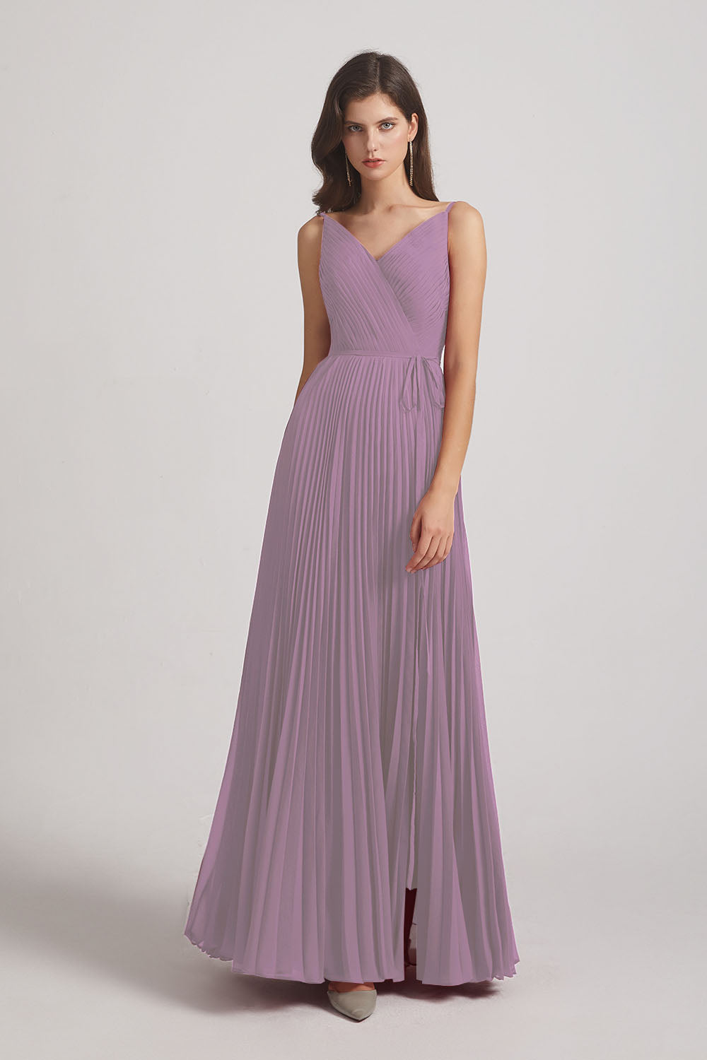 Alfa Bridal Dark Lavender Spaghetti Straps V-Neck Ruched Chiffon Bridesmaid Dresses (AF0054)