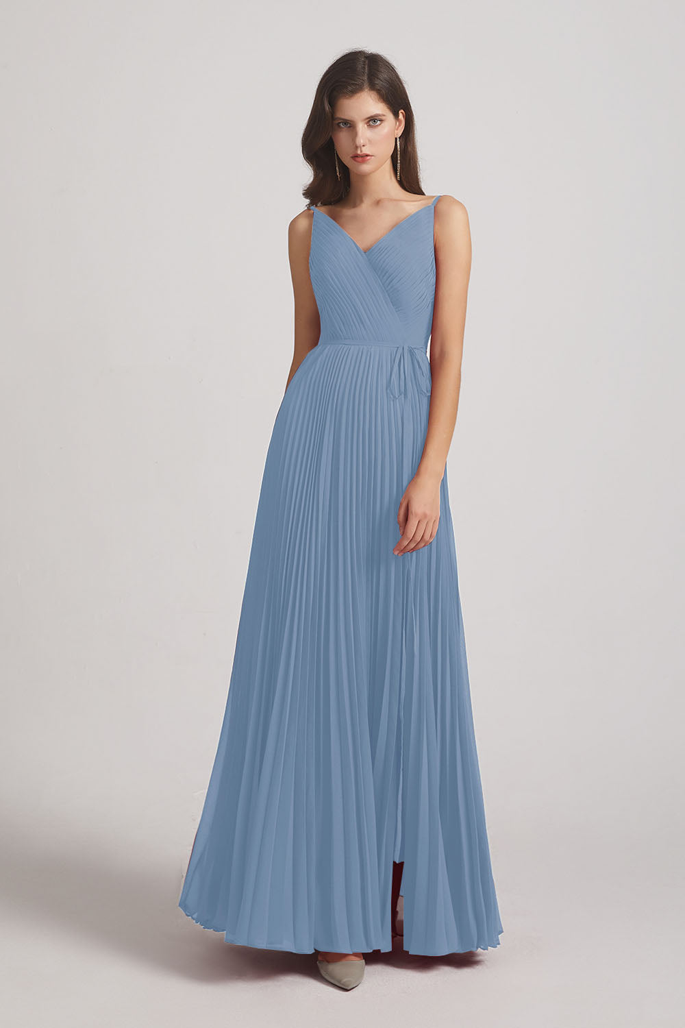 Alfa Bridal Dusty Blue Spaghetti Straps V-Neck Ruched Chiffon Bridesmaid Dresses (AF0054)