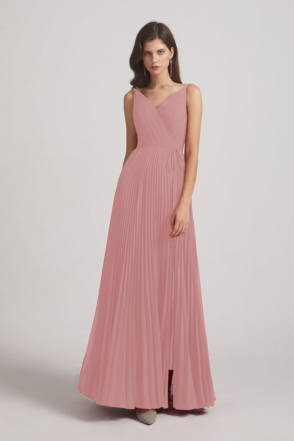 Alfa Bridal Dusty Pink Spaghetti Straps V-Neck Ruched Chiffon Bridesmaid Dresses (AF0054)