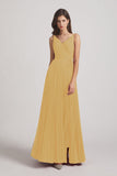 Alfa Bridal Gold Spaghetti Straps V-Neck Ruched Chiffon Bridesmaid Dresses (AF0054)