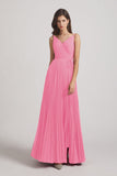 Alfa Bridal Hot Pink Spaghetti Straps V-Neck Ruched Chiffon Bridesmaid Dresses (AF0054)