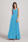 Alfa Bridal Ice Blue Spaghetti Straps V-Neck Ruched Chiffon Bridesmaid Dresses (AF0054)