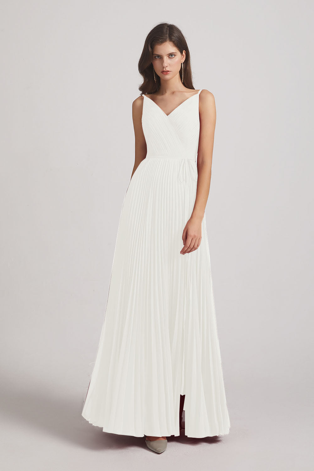 Alfa Bridal Ivory Spaghetti Straps V-Neck Ruched Chiffon Bridesmaid Dresses (AF0054)
