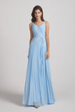 Alfa Bridal Light Sky Blue Spaghetti Straps V-Neck Ruched Chiffon Bridesmaid Dresses (AF0054)