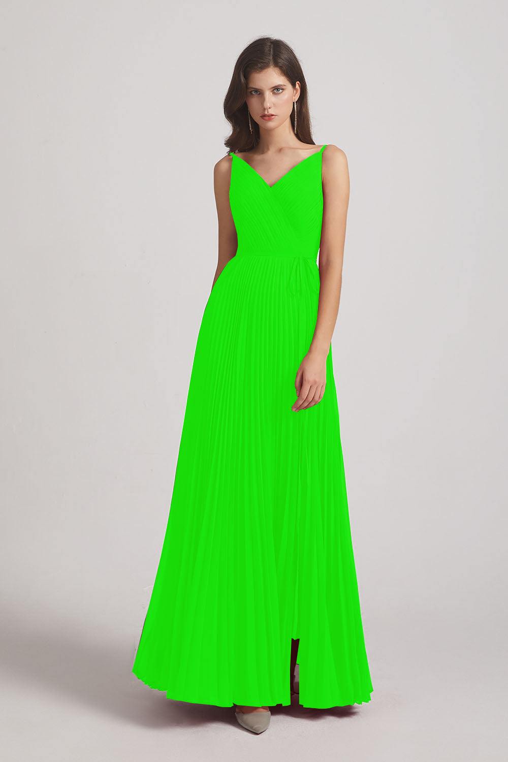 Alfa Bridal Lime Green Spaghetti Straps V-Neck Ruched Chiffon Bridesmaid Dresses (AF0054)