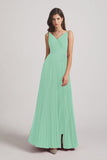 Alfa Bridal Mint Green Spaghetti Straps V-Neck Ruched Chiffon Bridesmaid Dresses (AF0054)