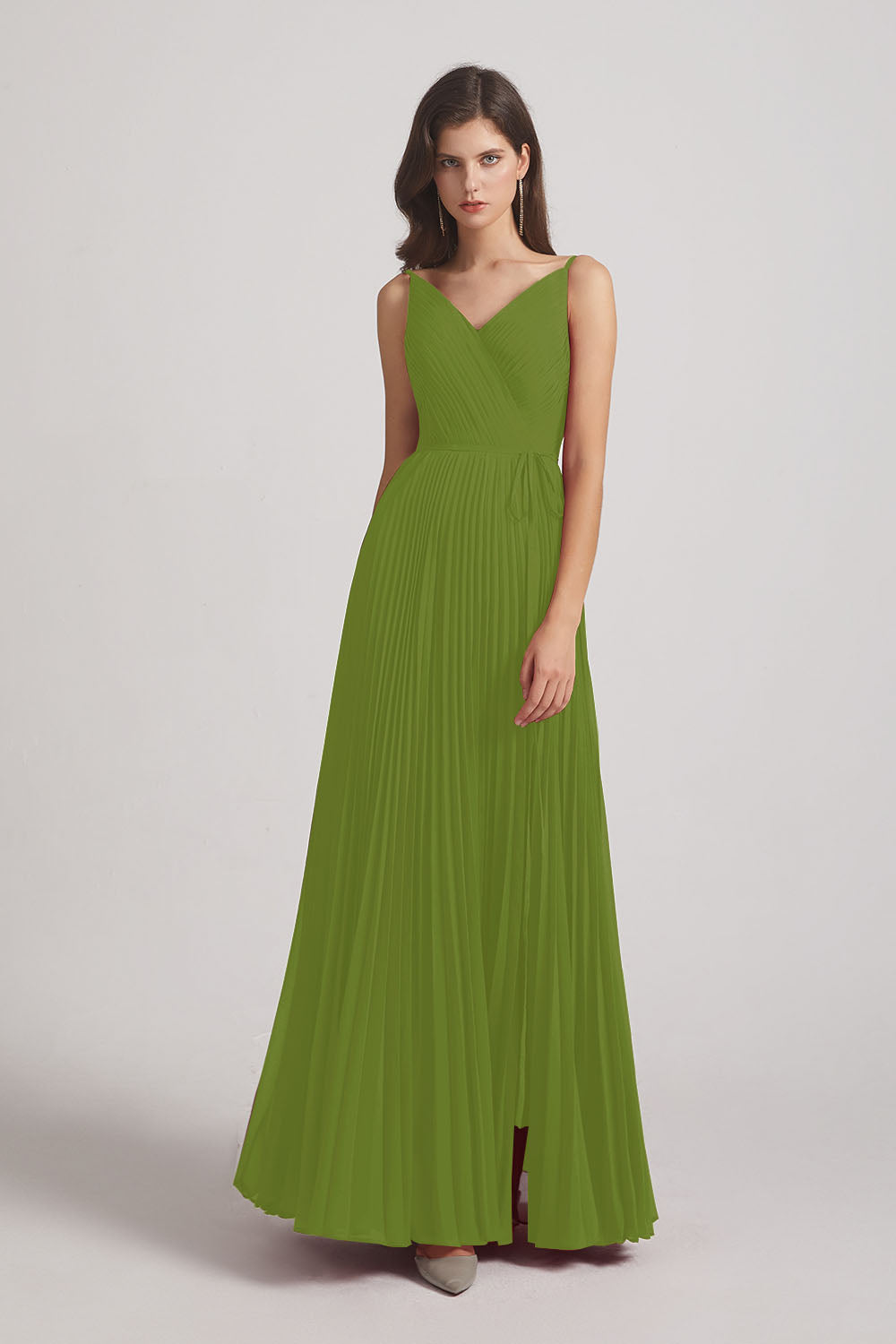 Alfa Bridal Olive Green Spaghetti Straps V-Neck Ruched Chiffon Bridesmaid Dresses (AF0054)