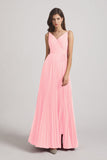 Alfa Bridal Pink Spaghetti Straps V-Neck Ruched Chiffon Bridesmaid Dresses (AF0054)