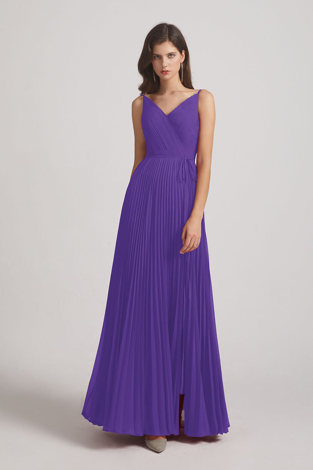 Alfa Bridal Purple Spaghetti Straps V-Neck Ruched Chiffon Bridesmaid Dresses (AF0054)