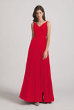Alfa Bridal Red Spaghetti Straps V-Neck Ruched Chiffon Bridesmaid Dresses (AF0054)