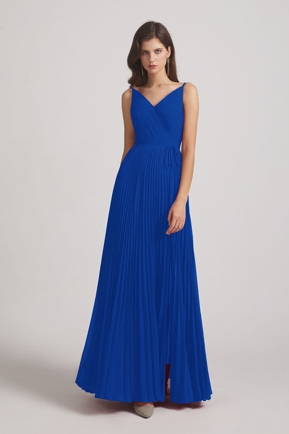 Alfa Bridal Royal Blue Spaghetti Straps V-Neck Ruched Chiffon Bridesmaid Dresses (AF0054)