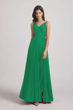 Alfa Bridal Shamrock Green Spaghetti Straps V-Neck Ruched Chiffon Bridesmaid Dresses (AF0054)