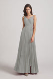 Alfa Bridal Silver Spaghetti Straps V-Neck Ruched Chiffon Bridesmaid Dresses (AF0054)