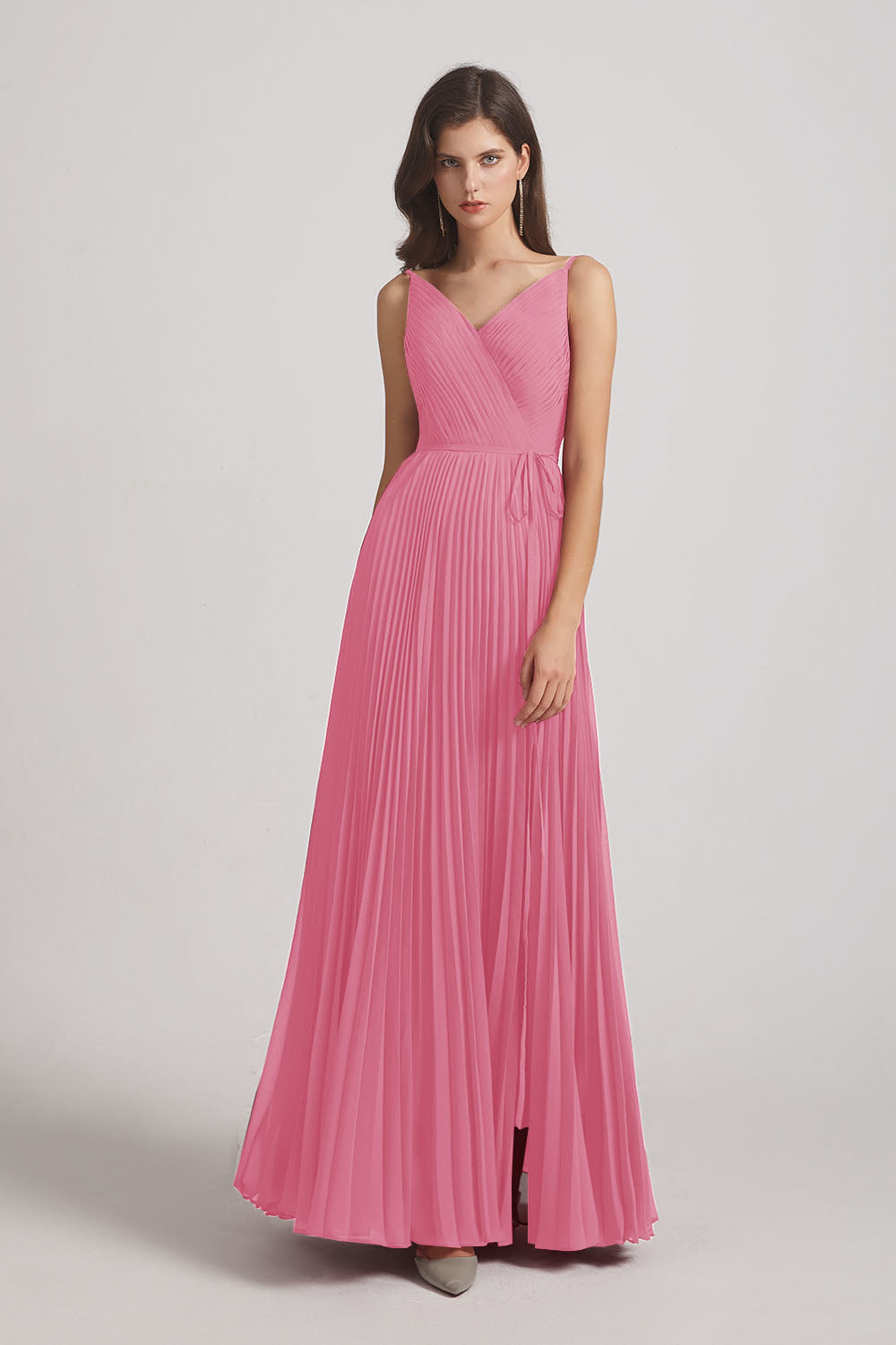 Alfa Bridal Skin Pink Spaghetti Straps V-Neck Ruched Chiffon Bridesmaid Dresses (AF0054)