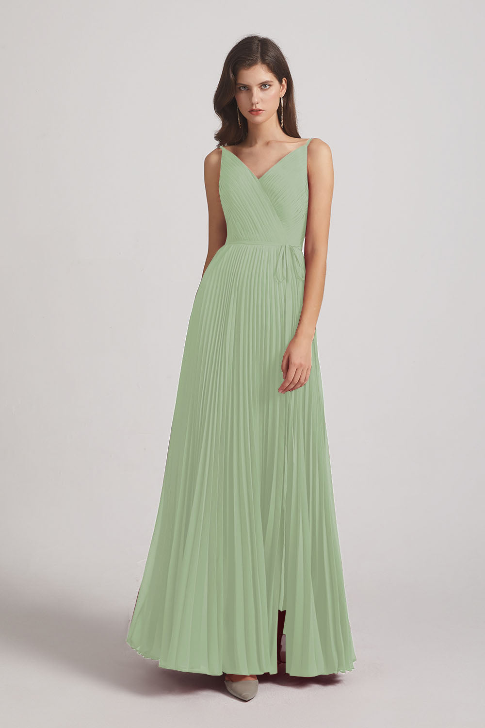 Alfa Bridal Smoke Green Spaghetti Straps V-Neck Ruched Chiffon Bridesmaid Dresses (AF0054)