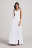 Alfa Bridal White Spaghetti Straps V-Neck Ruched Chiffon Bridesmaid Dresses (AF0054)
