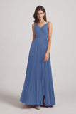 Alfa Bridal Windsor Blue Spaghetti Straps V-Neck Ruched Chiffon Bridesmaid Dresses (AF0054)