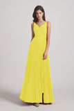 Alfa Bridal Yellow Spaghetti Straps V-Neck Ruched Chiffon Bridesmaid Dresses (AF0054)