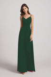 Alfa Bridal Dark Green Spaghetti Straps V-Neck Waist-Tie Chiffon Bridesmaid Dresses (AF0103)