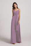 Alfa Bridal Dark Lavender Spaghetti Straps V-Neck Waist-Tie Chiffon Bridesmaid Dresses (AF0103)