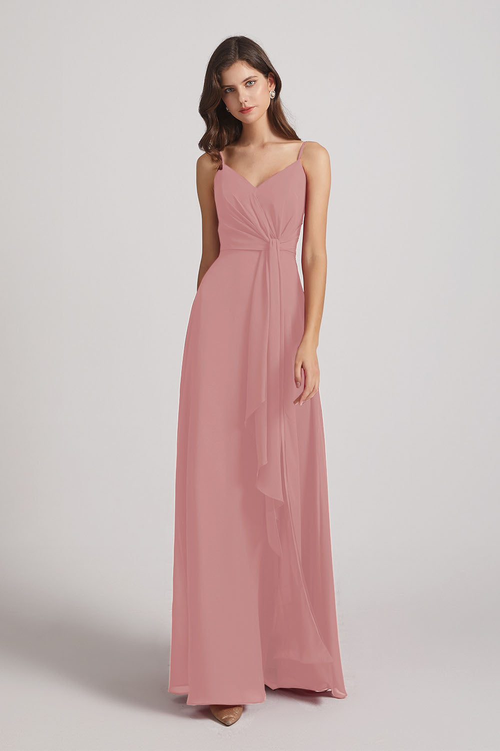 Alfa Bridal Dusty Pink Spaghetti Straps V-Neck Waist-Tie Chiffon Bridesmaid Dresses (AF0103)