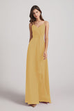 Alfa Bridal Gold Spaghetti Straps V-Neck Waist-Tie Chiffon Bridesmaid Dresses (AF0103)