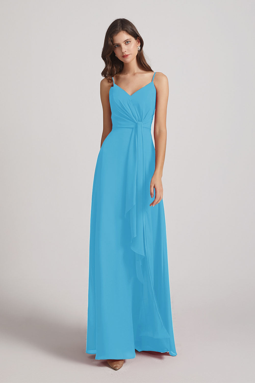 Alfa Bridal Ice Blue Spaghetti Straps V-Neck Waist-Tie Chiffon Bridesmaid Dresses (AF0103)