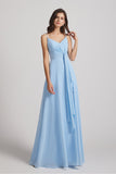 Alfa Bridal Light Sky Blue Spaghetti Straps V-Neck Waist-Tie Chiffon Bridesmaid Dresses (AF0103)