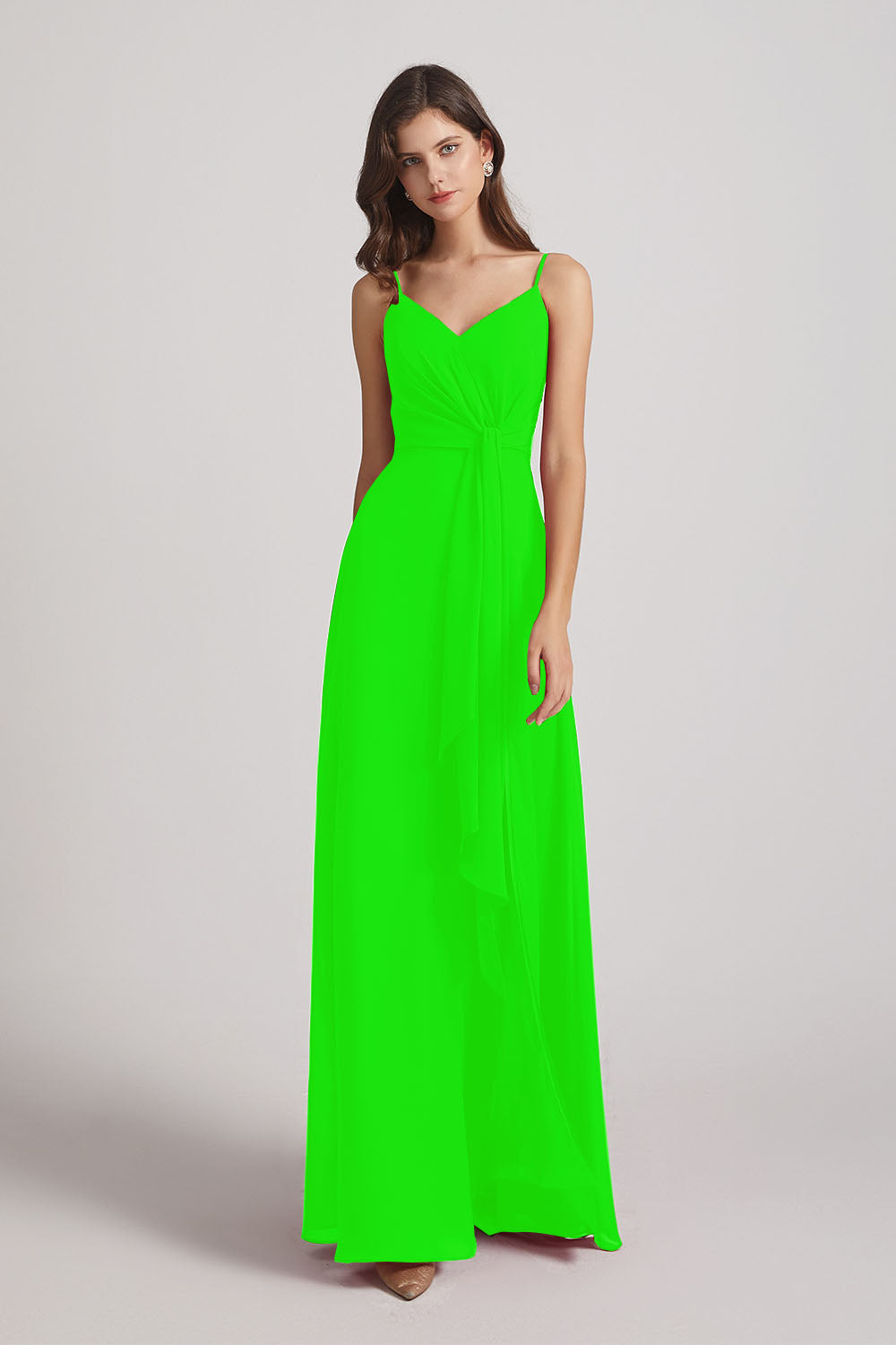 Alfa Bridal Lime Green Spaghetti Straps V-Neck Waist-Tie Chiffon Bridesmaid Dresses (AF0103)