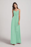 Alfa Bridal Mint Green Spaghetti Straps V-Neck Waist-Tie Chiffon Bridesmaid Dresses (AF0103)
